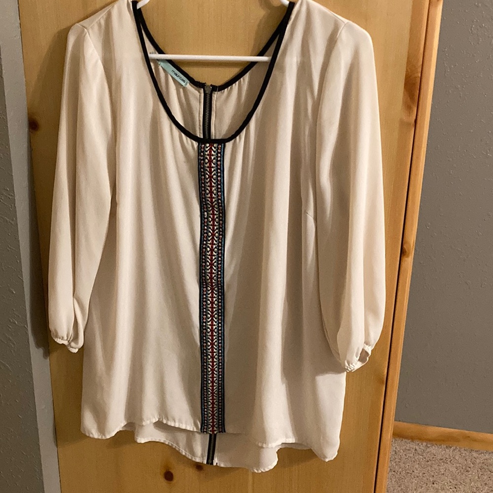 Cream Blouse with Aztec Print and Zipper Back